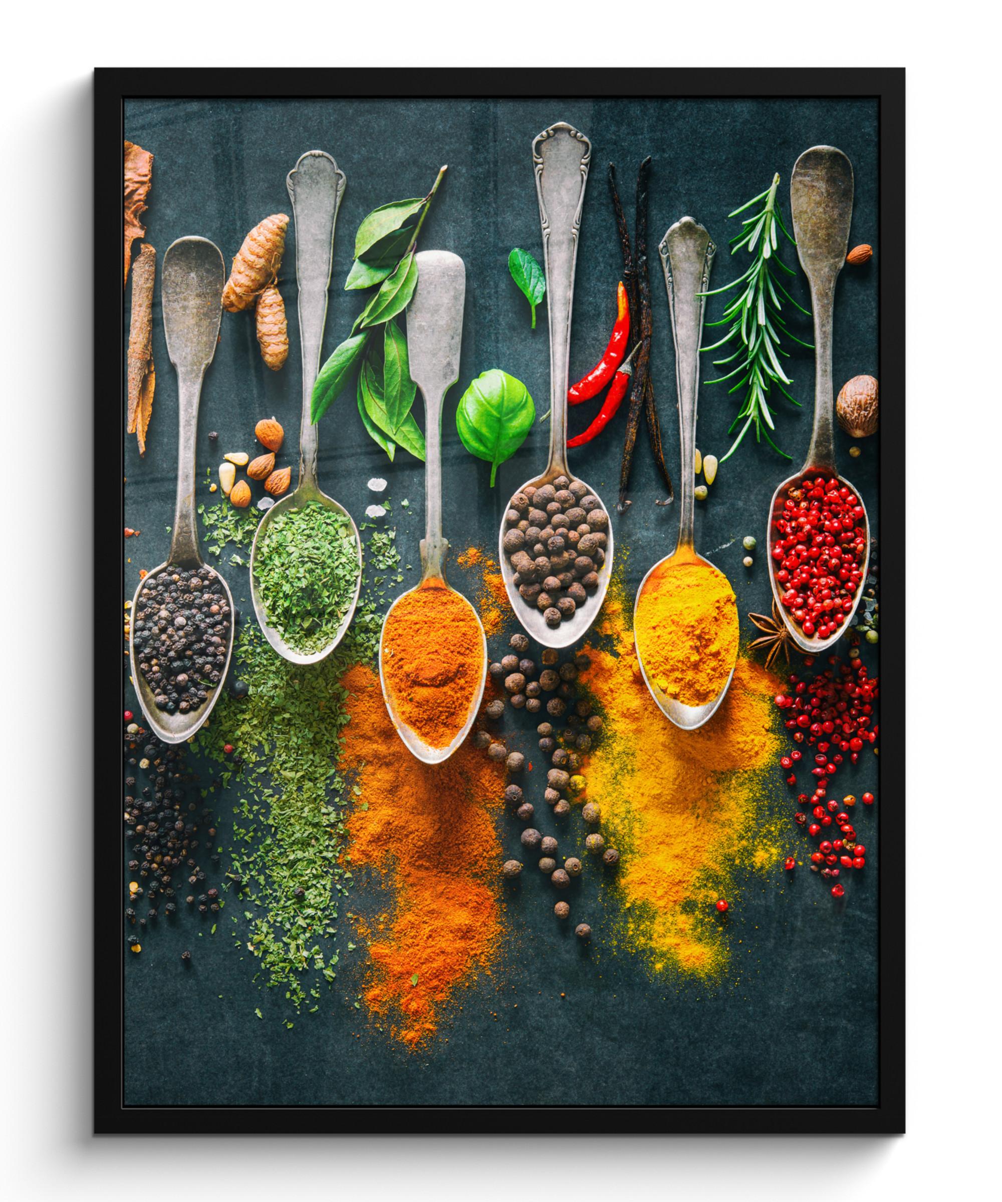 POSTER MIT RAHMENGERAHMTES BILD Kräuter - Gewürze - Löffel Posterleiste 60x80 cm - Currygelb, Papier (60/80cm) - MuchoWow