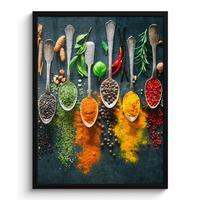 POSTER MIT RAHMENGERAHMTES BILD Kräuter - Gewürze - Löffel Posterleiste 60x80 cm - Currygelb, Papier (60/80cm) - MuchoWow