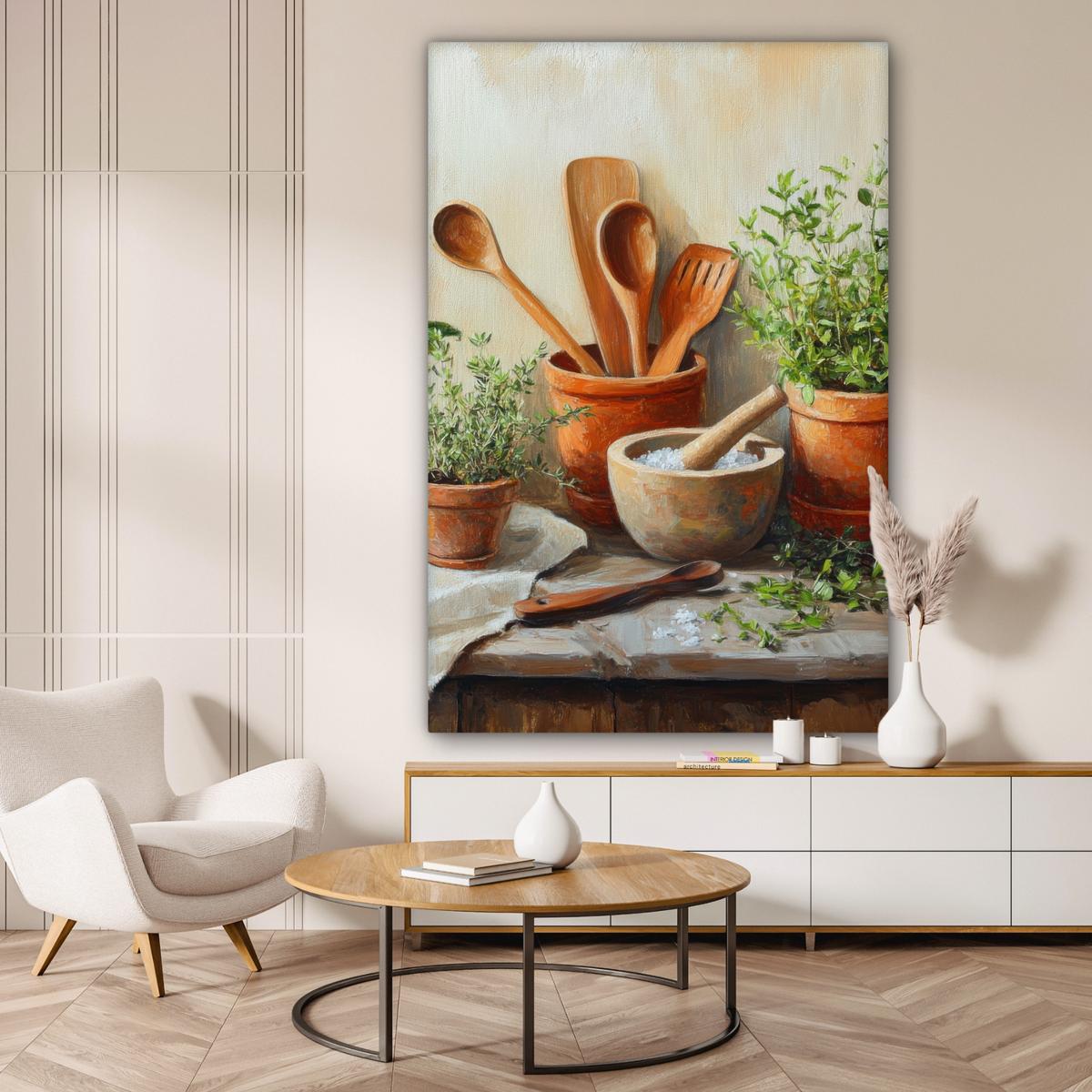 LEINWANDBILD Töpfe - Kräuter - Holz Deko Groß 90x140 cm - Terracotta, Textil (90/140cm) - MuchoWow