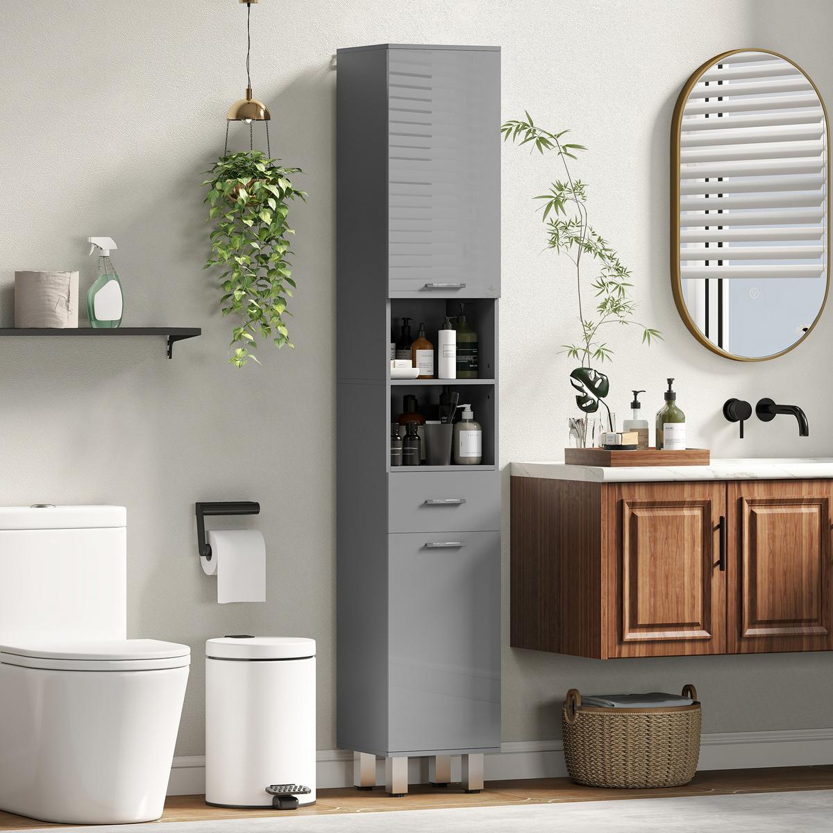 BADEZIMMERSCHRANK Spanplatte Grau - Alufarben/Grau, Holzwerkstoff/Kunststoff (30/180/30cm) - Kleankin