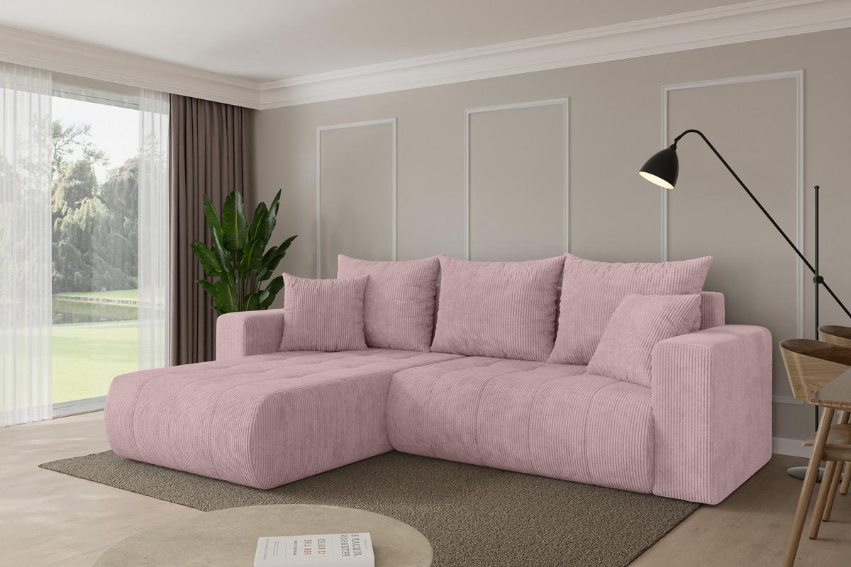 ECKSOFA mit Schlaffunktion Ottomane Links MILA-L 277x194x86 Rosa Cord - Schwarz/Rosa, Holzwerkstoff/Kunststoff (277/194cm) - ALTDECOR