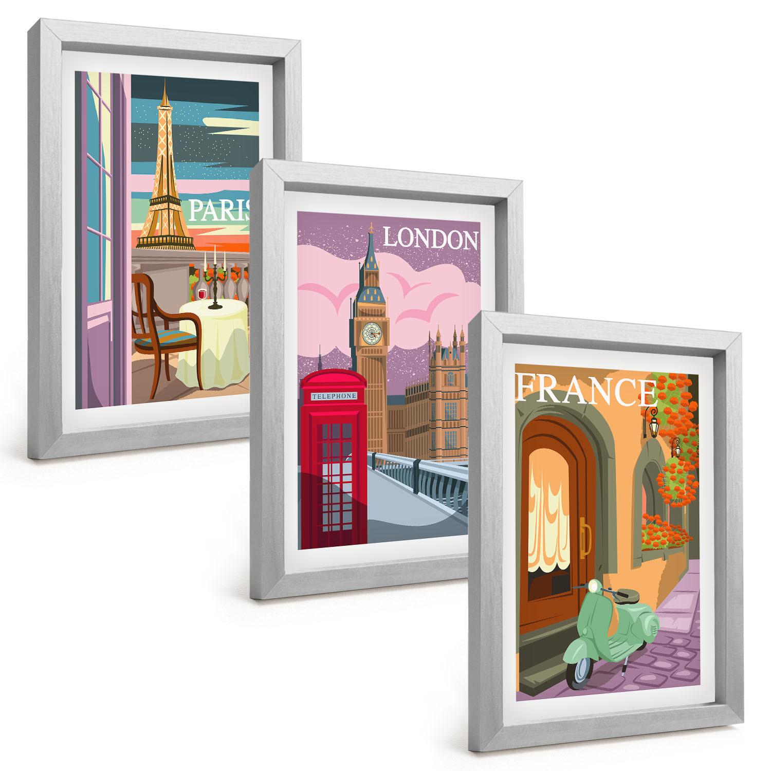 BILDER SET 3er Set - 20x30 cm Silberner Rahmen - Ansichten Paris London Retro - Silberfarben, Kunststoff (20/30cm) - TULUP