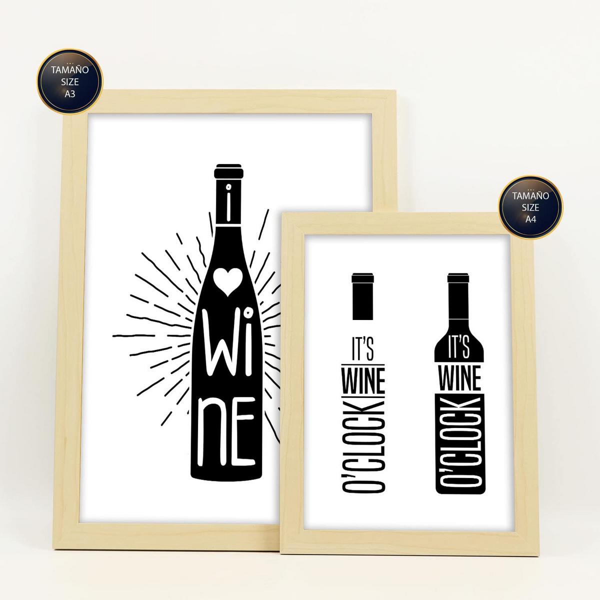 POSTER Set Mit 6 Wein Vollfarbige Illustrationen Von Kaffee & Getränken Im Werbetafel Illustrationen Für & Heim A3 & A4 Rahmen Aus Hellem Holz - Beige, Papier (29/3cm) - Nacnic