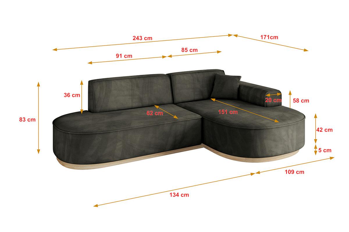 ECKSOFA Ottomane Rechts MARI-L1-v1 - 243x171x83 cm Schwarz Velours - Schwarz, Holzwerkstoff/Textil (171/243cm) - ALTDECOR