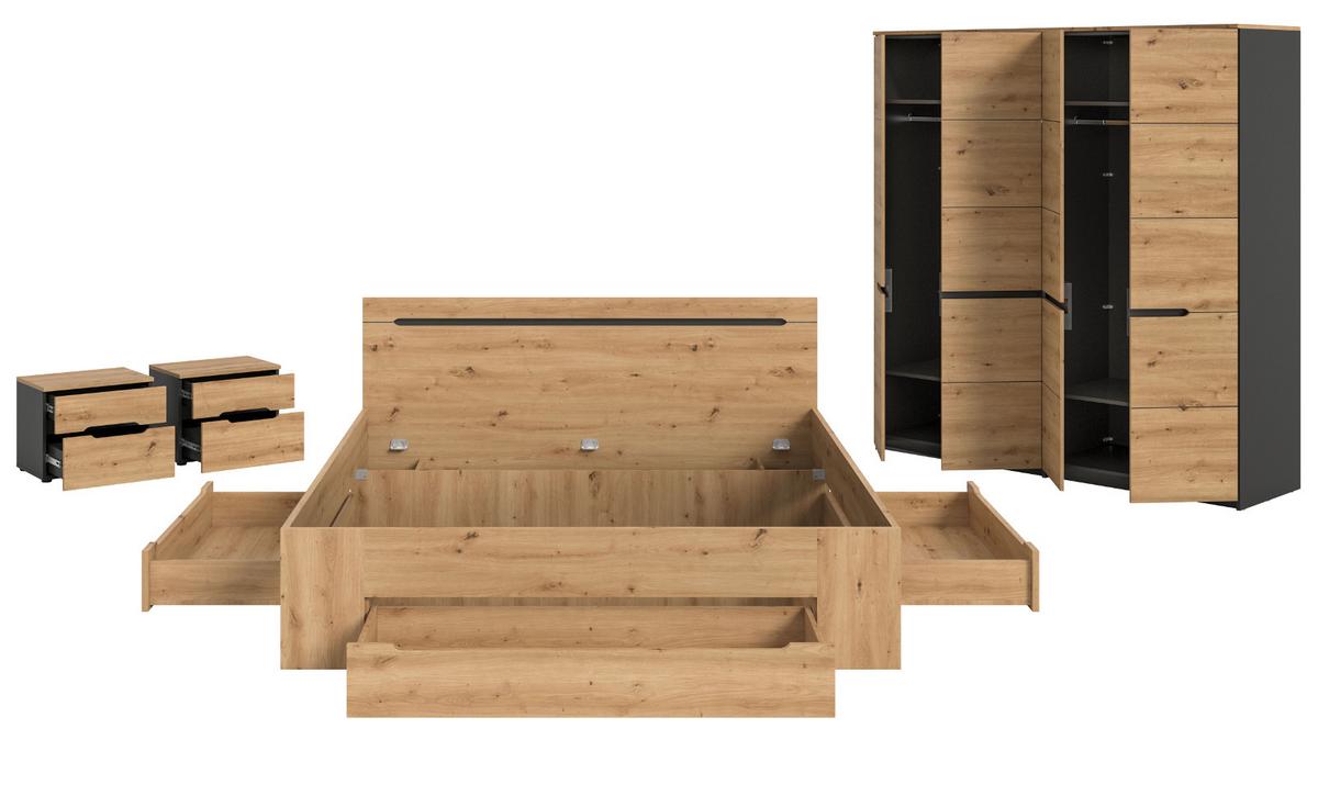 SCHLAFZIMMER Set 4-teilig Eiche Artisan, grau, Komplettset mit großem Kleiderschrank - Eiche Artisan/Grau, Holzwerkstoff/Metall - Inn.Furn