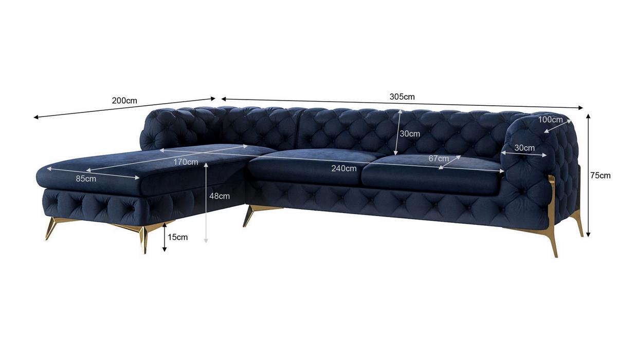 ECKSOFA Chesterfield Lexi Marineblau Samt, Ottomane links - Goldfarben/Dunkelblau, Holz/Textil (305/200cm) - S-Style