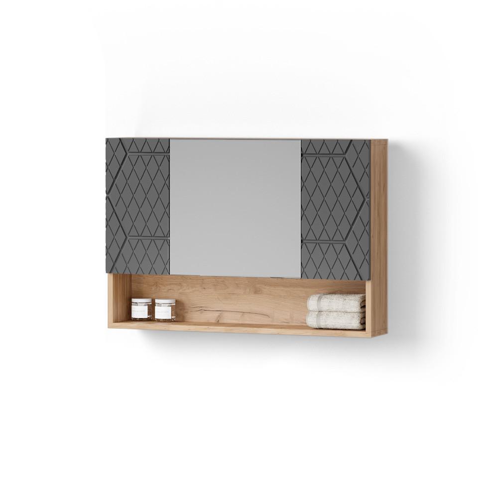 BADSPIEGELSCHRANK Ronco Anthrazit mit Wabenstruktur 80 x 55 cm - Anthrazit/Eiche Wotan, Holzwerkstoff (80/55/17cm) - Livinity®
