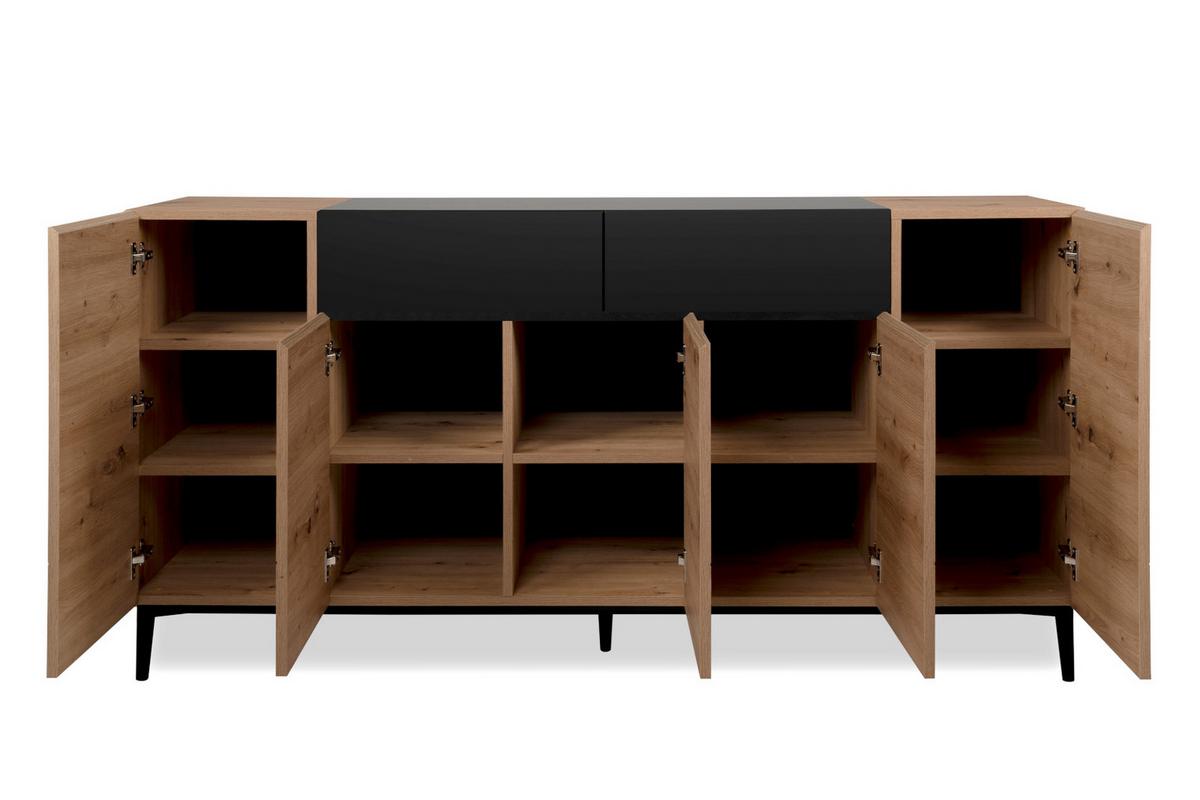 SIDEBOARD Eiche Artisan, schwarz 180 cm, Kommode 5-türig, viel Stauraum - Schwarz/Eiche Artisan, Holzwerkstoff (180/90/42cm) - Furn.Design