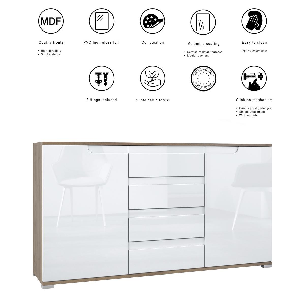 SIDEBOARD Sylt Weiß Hochglanz - Weiß Hochglanz, Holzwerkstoff (138.5/75.5/35cm) - Vladon