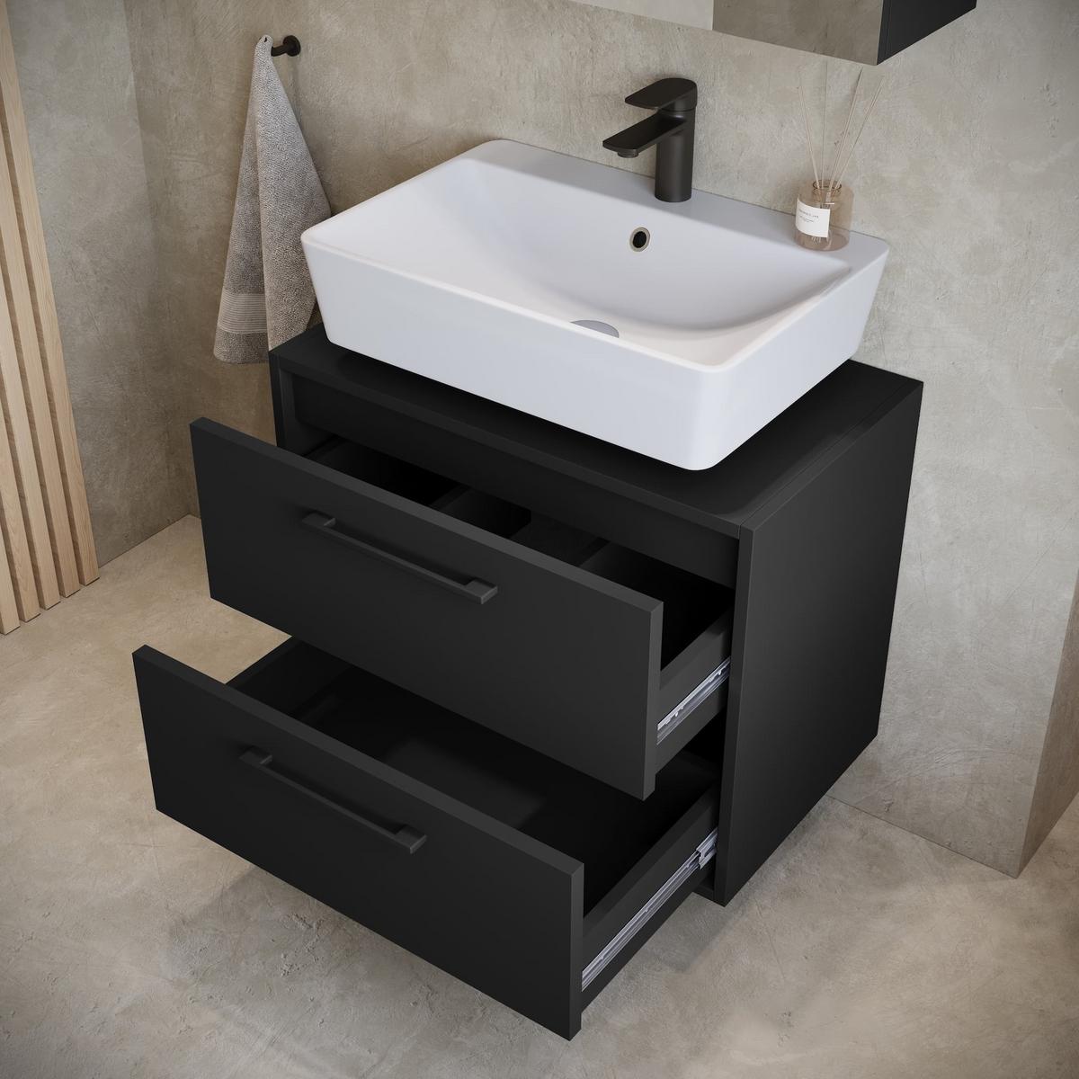 WASCHBECKENUNTERSCHRANK Florence 2 Schubladen Schwarz Mat - 60 x 35 x 47 cm - Schwarz, Holz (60/50/35cm) - Badplaats