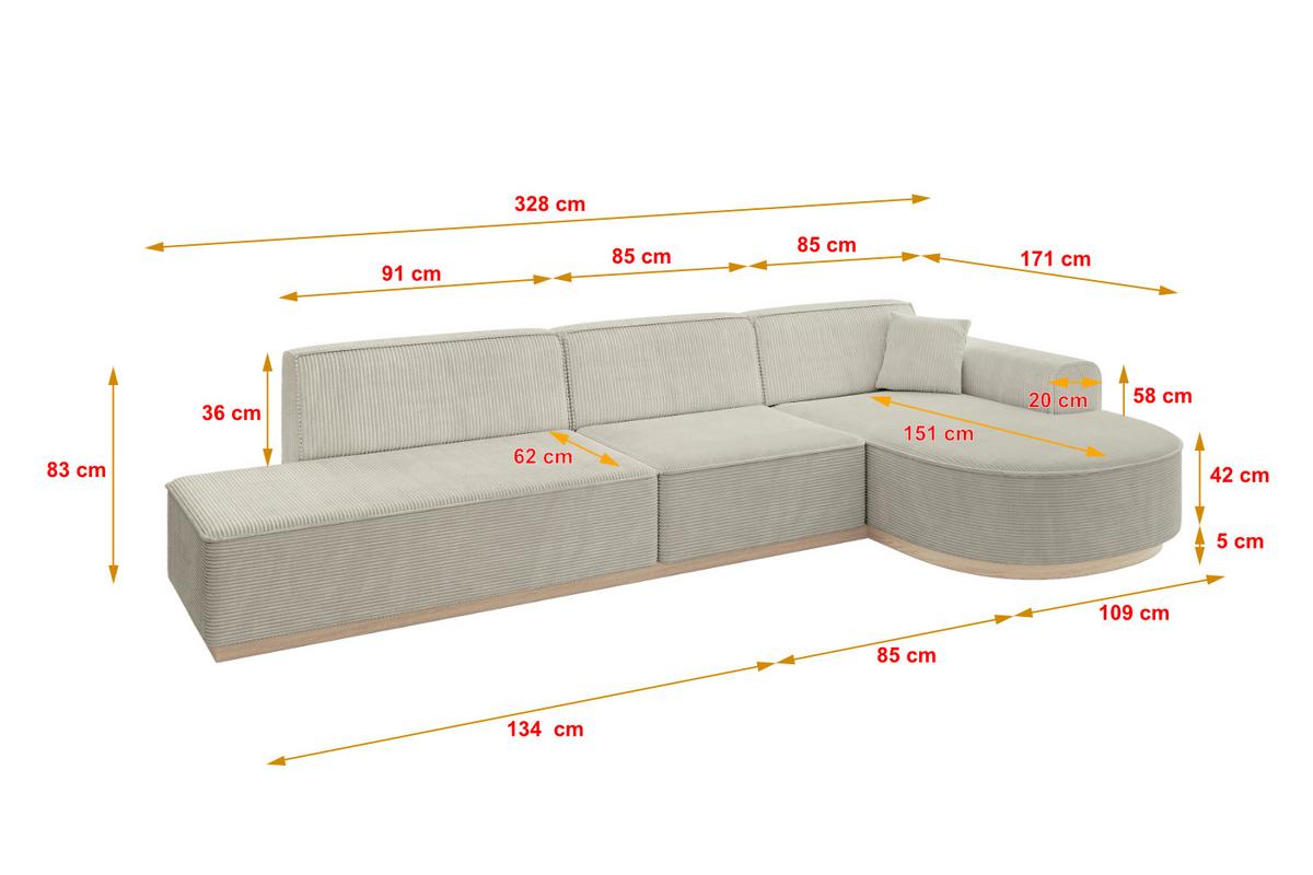 ECKSOFA Ottomane Rechts ARRIO-L2 - 328x171x83 cm Creme - Hellgrau/Creme, Holzwerkstoff/Textil (328/171cm) - ALTDECOR