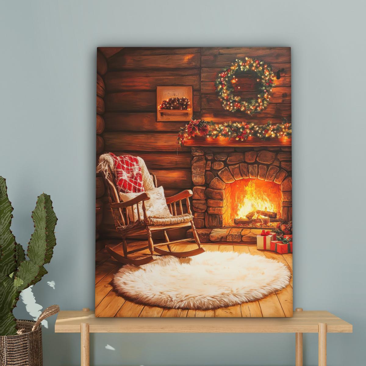 LEINWANDBILD Winter - Weihnachten - Zuhause - Kamin Wandbild Wohnzimmer 60x80 cm - Bernsteinfarben, Textil (60/80cm) - MuchoWow