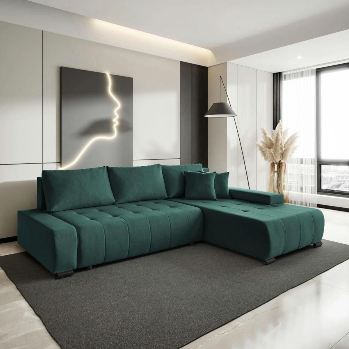 ECKSCHLAFSOFA Draco L Grün - Schwarz/Grün, Textil/Metall (268/183cm) - Beautysofa