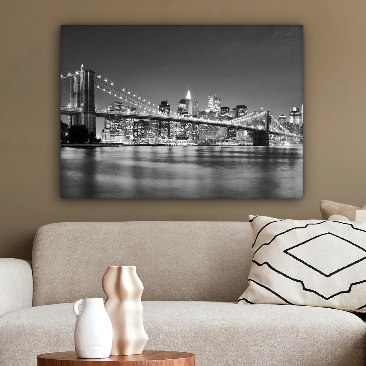 LEINWANDBILD New York - Brücke - Brooklyn - Schwarz und weiß - Architektur Wandbilder 80x60 cm - Schwarz, Textil (80/60cm) - MuchoWow