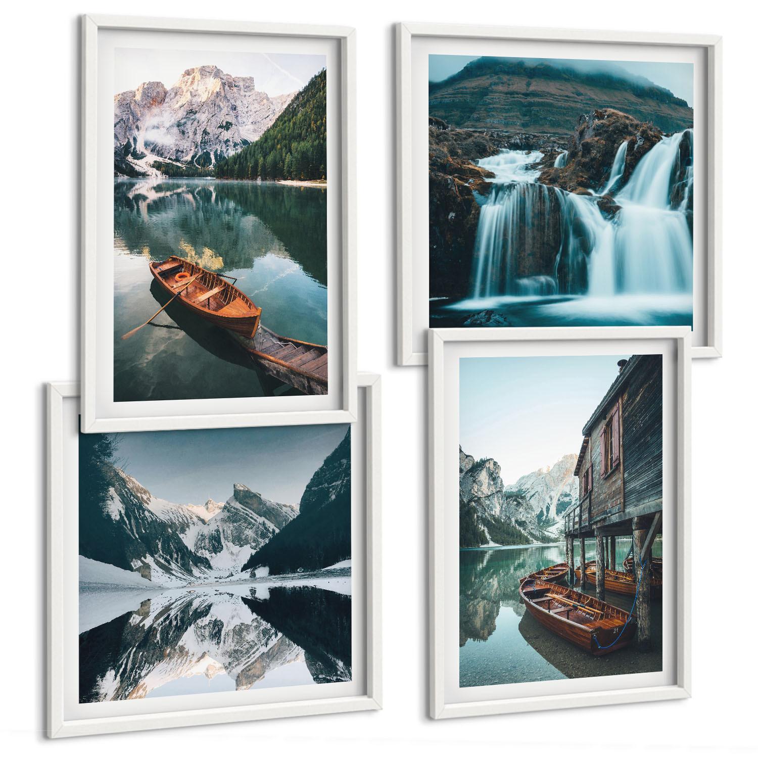 BILDER SET 4er Set - 50x50 cm & 40x60 cm Weißer Rahmen - Spiegelung der Boote auf Bergseen - Weiß, Kunststoff (50/50cm) - TULUP