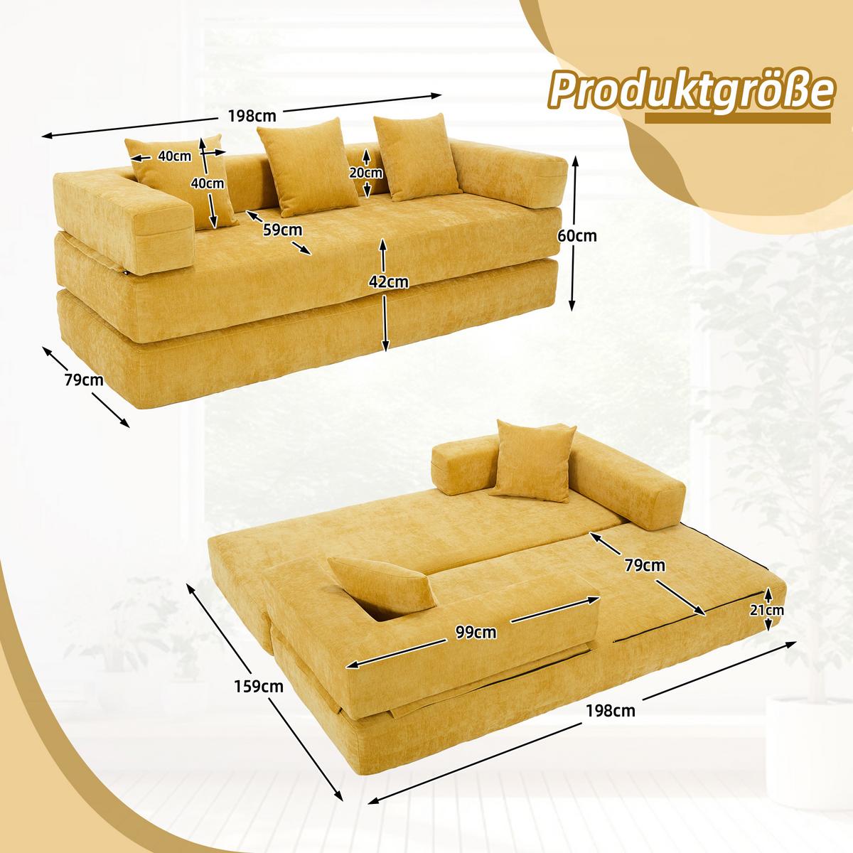 SCHLAFSOFA Modulares Chenille Block-Sofa DIY Kombinierbar mit Seitentaschen & Rutschfest - Dunkelgelb, Textil (198/60/79cm) - Urban Meuble