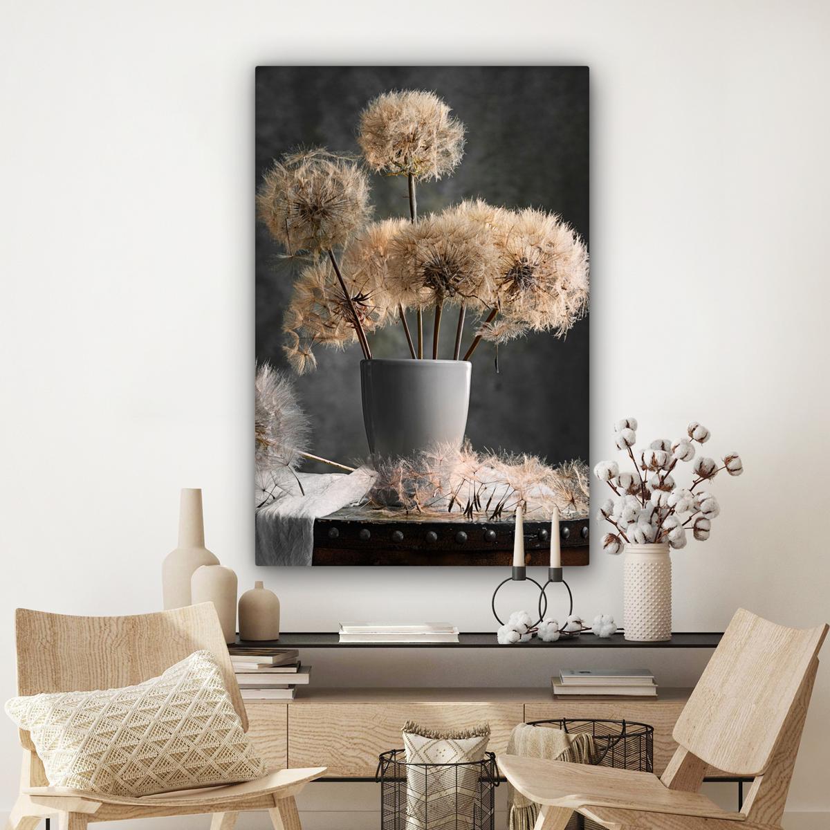 LEINWANDBILD Blumensamen - Löwenzahn - Vase - Stilleben - Blumenstrauß Deko XXL 80x120 cm - Dunkelgrau, Textil (80/120cm) - MuchoWow