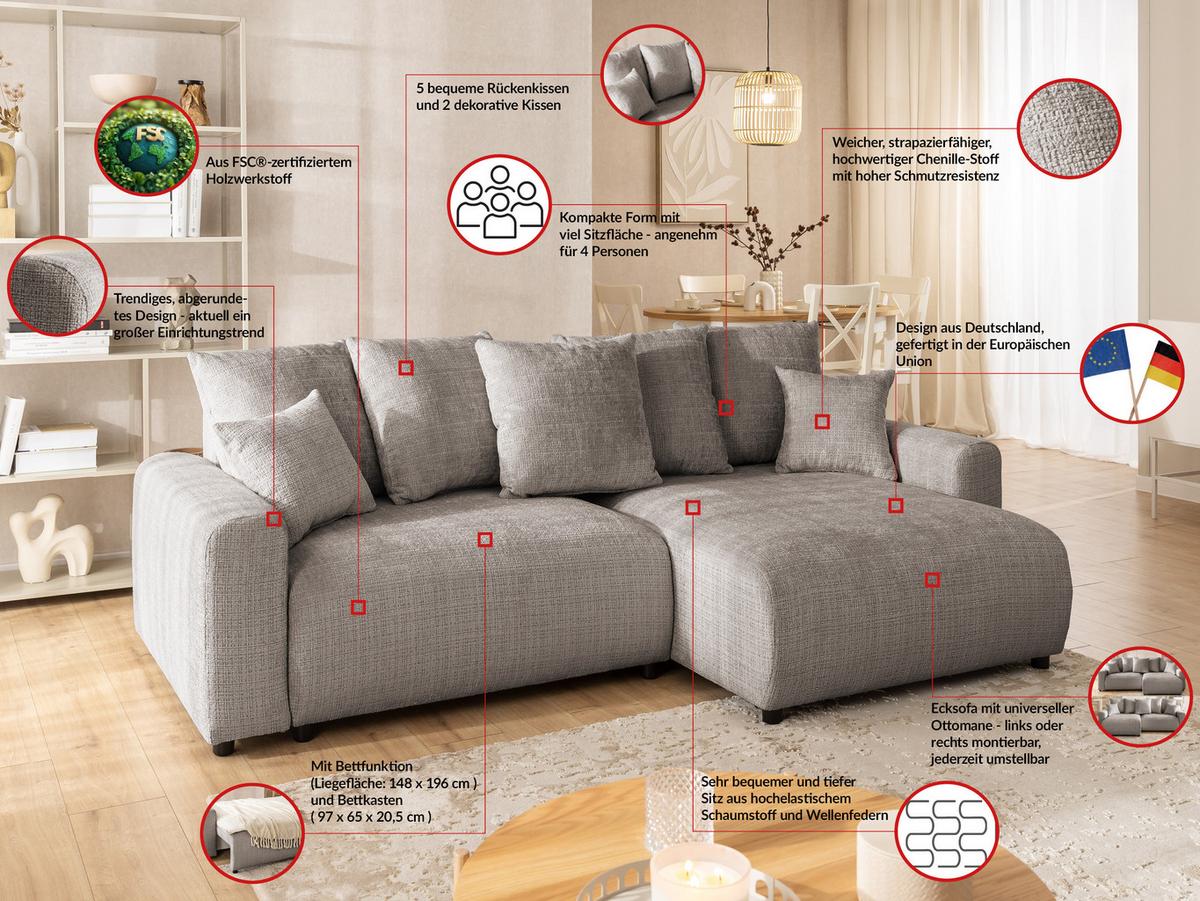 ECKSOFA Calma mit Schlaffunktion und Bettkasten im Bumpy-Design aus weichem Taupe Chenille-Stoff - Ottomane rechts - Taupe/Beige, Holz/Kunststoff (239/140cm) - S-Style Möbel