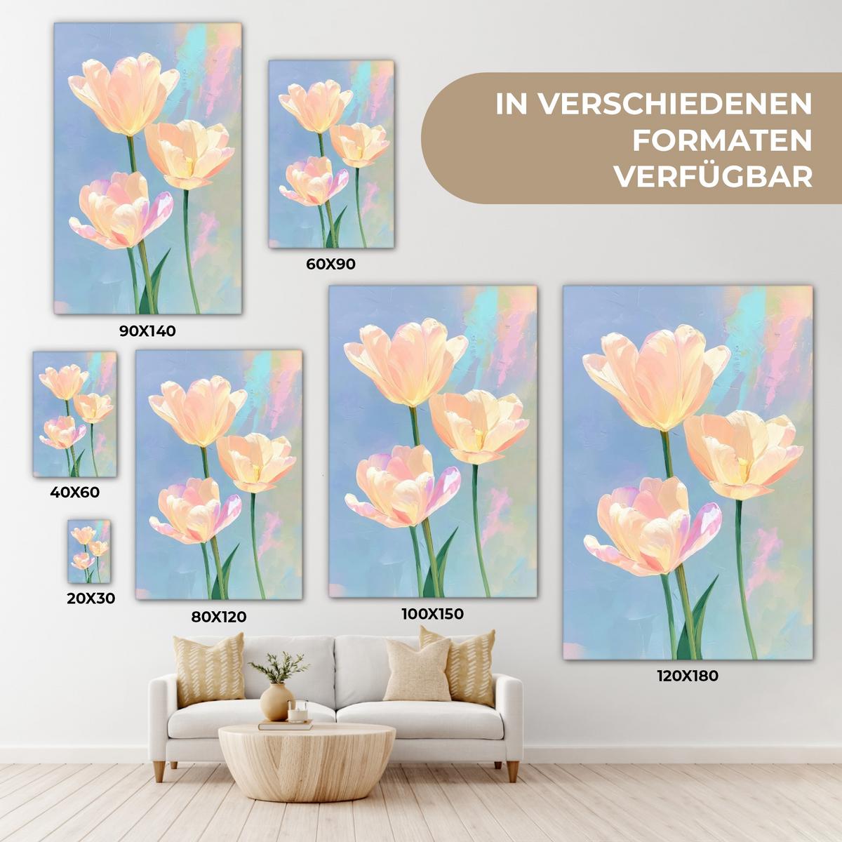 LEINWANDBILD Tulpen - Rosa Akzente - Blau Wanddeko 40x60 cm - Pastellblau, Textil (40/60cm) - MuchoWow
