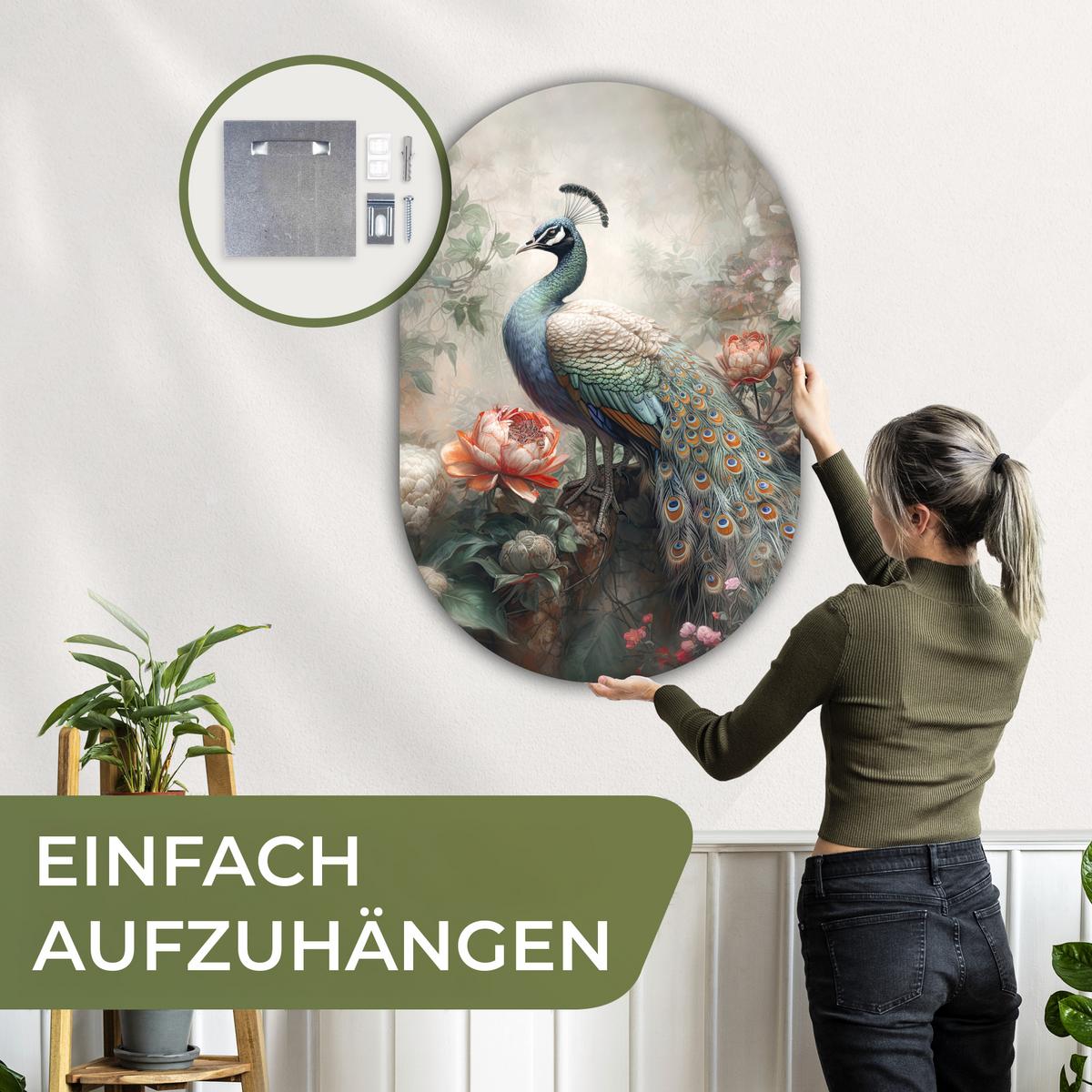WANDBILD Pfau - Pfauenfedern - Vogel - Dschungel - Blumen Deko Groß 80x120 cm - Smaragdgrün, Kunststoff (80/120cm) - MuchoWow