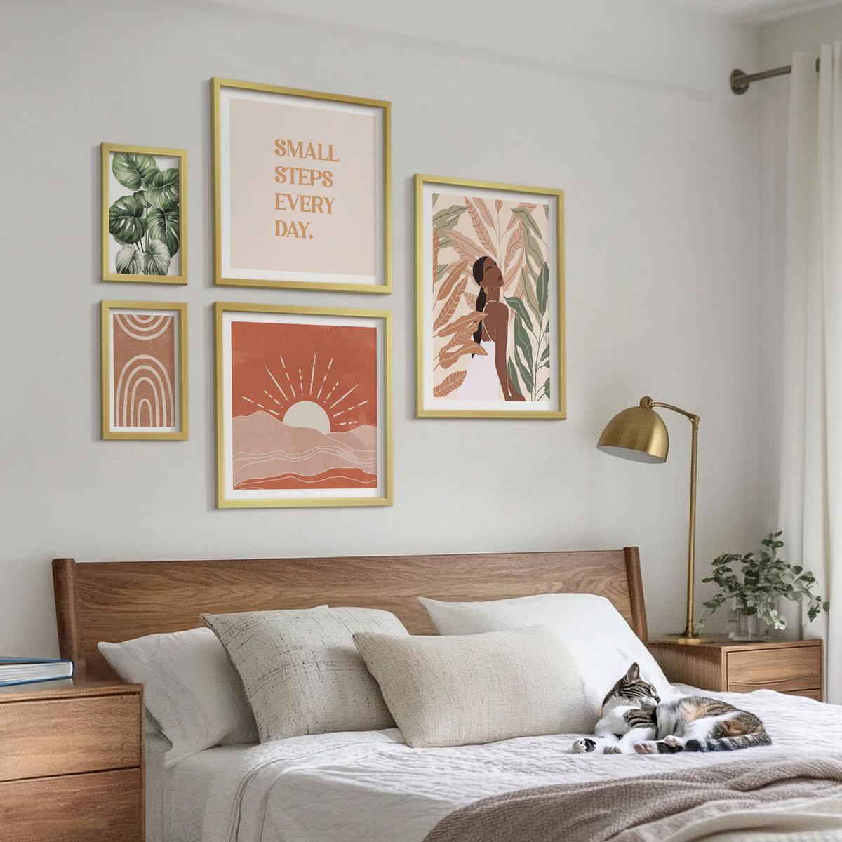 BILDER SET 5er Set - 50x50 cm & 20x30 cm & 40x60 cm Goldrahmen - abstrakte Formen im Boho-Stil - Goldfarben, Kunststoff (40/60cm) - TULUP