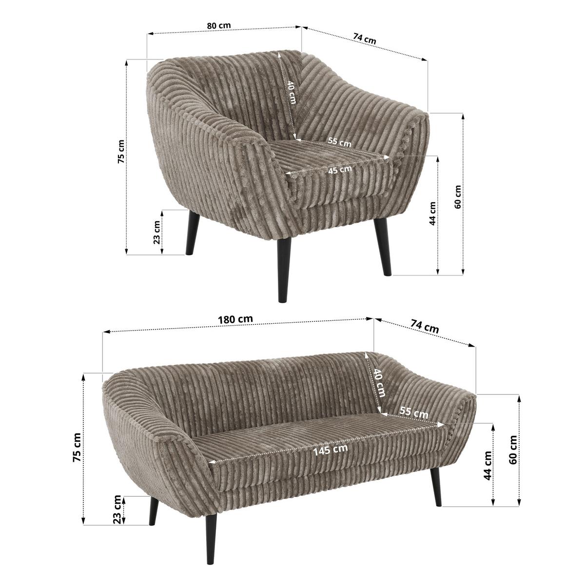 SITZGARNITUR PIRS 3+3+1 - Hellbraun Cord - Schwarze Beine - Hellbraun/Schwarz, Holzwerkstoff/Textil (180/75/74cm) - MKS