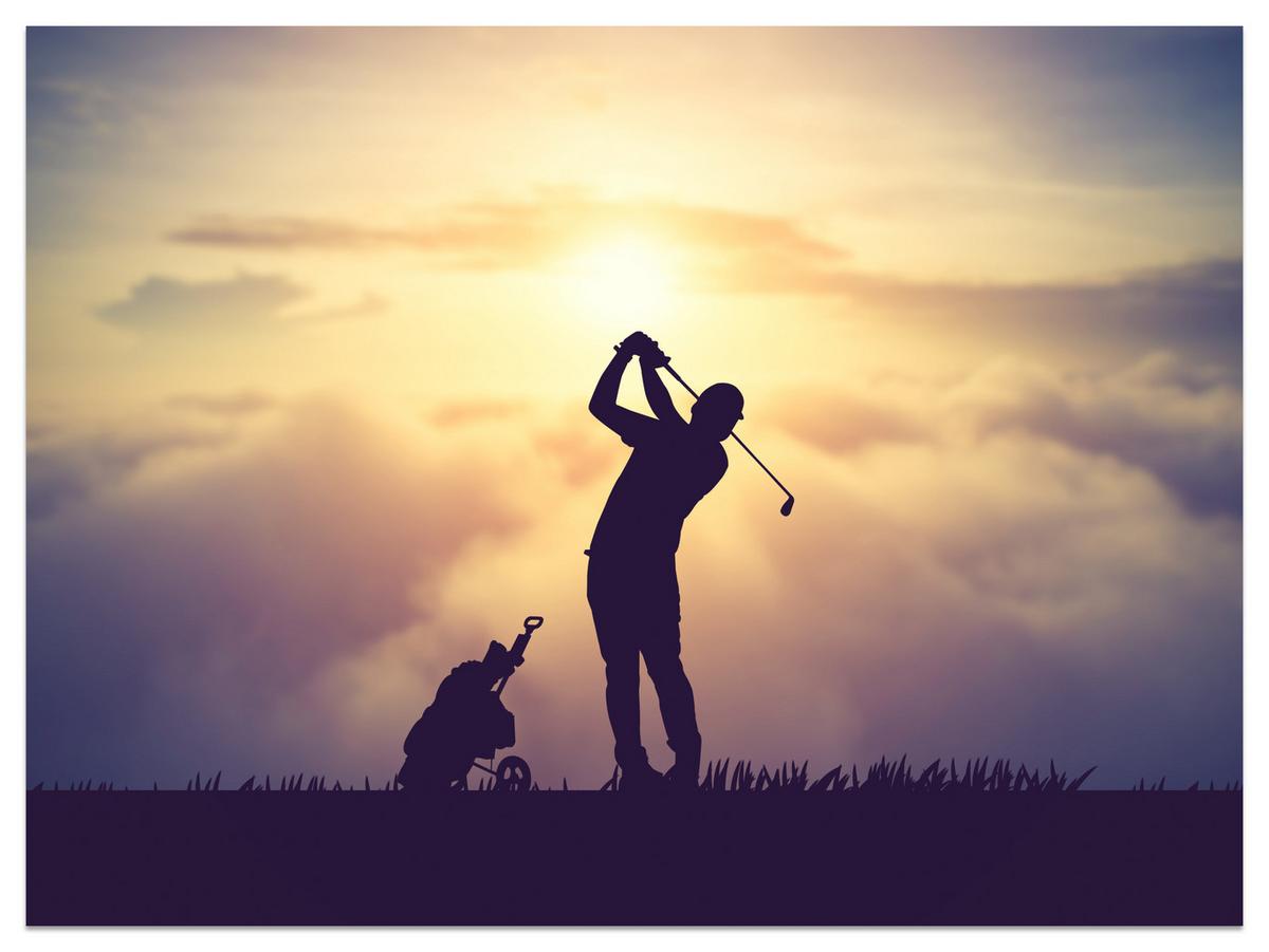 FOTOTAPETE für Jugendzimmer Golfer Sonnenuntergang Silhouette Sport 300x210 - Gelb/Violett, Papier (300/210cm) - Muralo