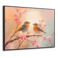 LEINWAND Bilder mit Rahmen - Rotkehlchen - Zierpflanze - Blütenzweig - 80x60 - Hellrosa, Textil (80/60cm) - MuchoWow