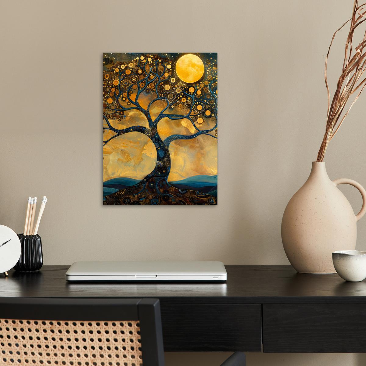 POSTER Baum - Mond - Blumen - Gold - Kunst Wandbilder 30x40 cm - Orange, Papier (30/40/0.1cm) - MuchoWow