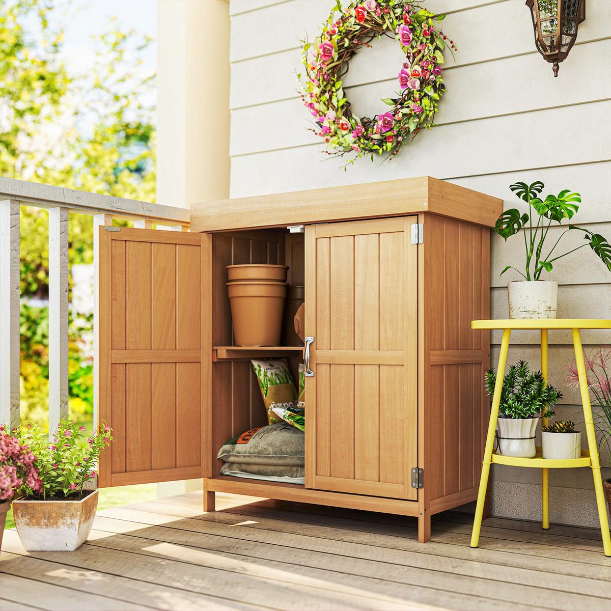 GARTENSCHRANK Geräteschuppen mit Doppeltür, 2 Fächern, wetterfest, Tannenholz, Natur - Fichtefarben, Holz (43/88/74cm) - Outsunny