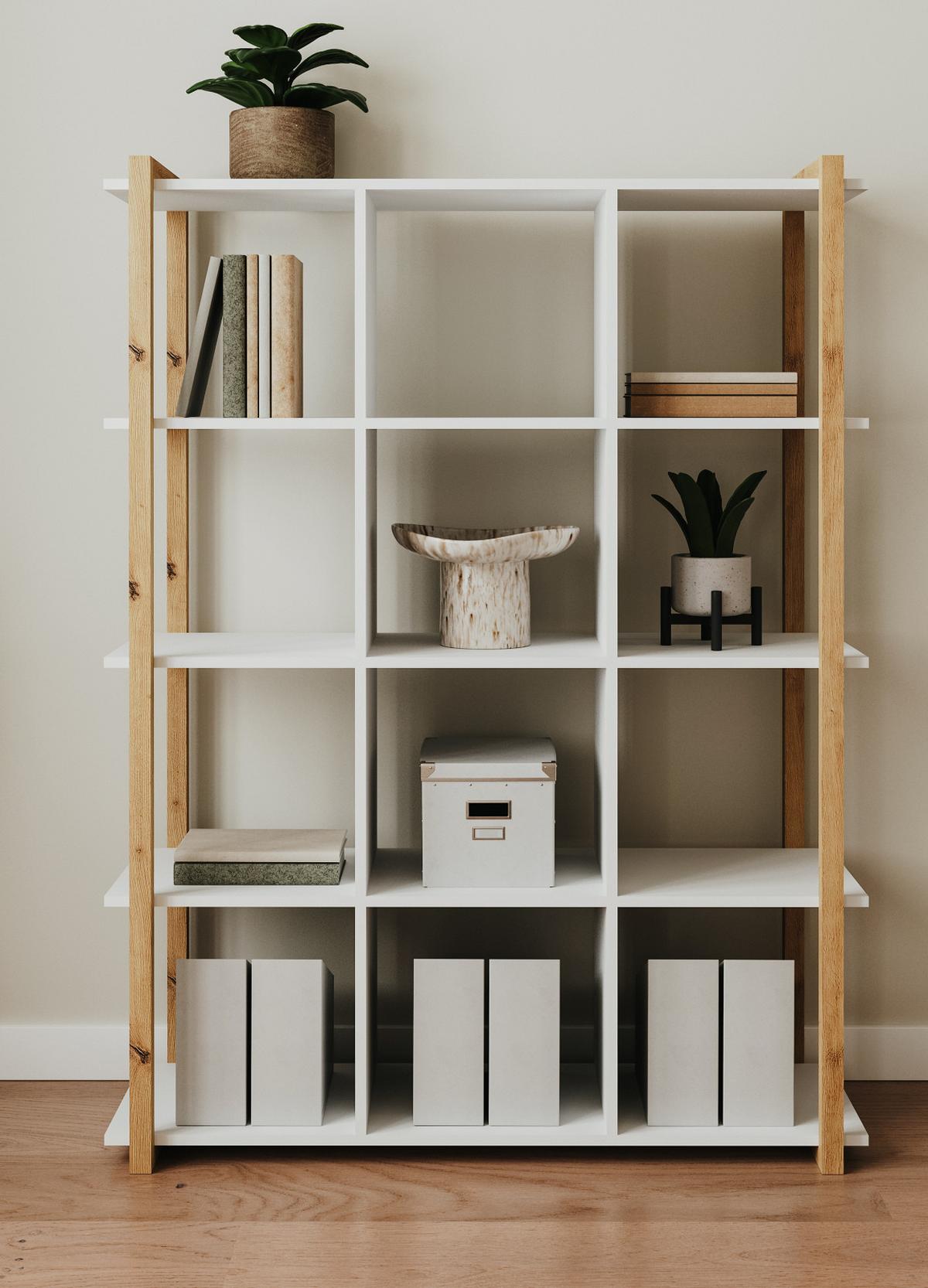 REGAL weiß, Eiche Artisan 107 x 145 cm, Bücherregal mit 12 Fächern - Weiß/Eiche Artisan, Holzwerkstoff (107/145/39cm) - Furn.Design