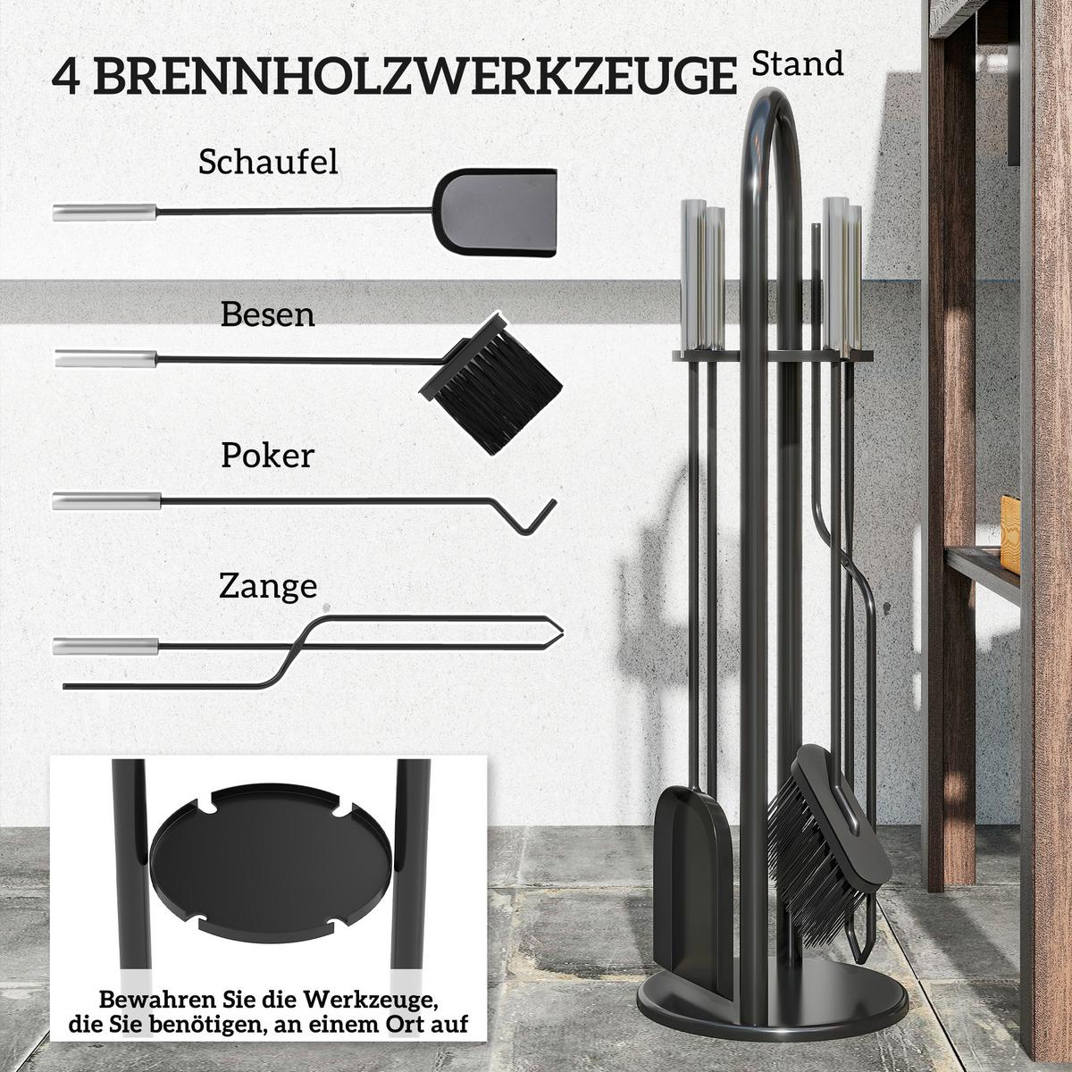 KAMINBESTECK Set 5 teilig Kaminzubehör mit Besen, Schaufel, Schürhaken Zange - Silberfarben/Schwarz, Metall (20/71/20cm) - Outsunny