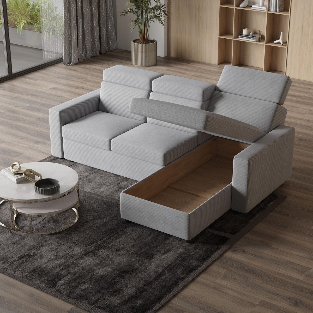 ECKSOFA PADWA Blau Kordstoff mit Schlaffunktion - Blau/Schwarz, Holz/Kunststoff (227/168cm) - MASSENO