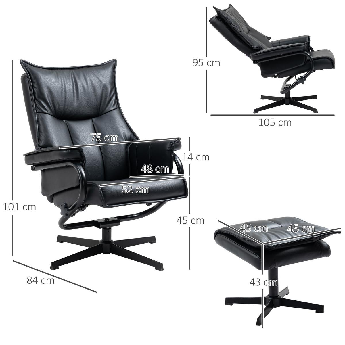 RELAXSESSEL, Kunstleder, Stahl, Schwarz - Schwarz, Kunststoff (84/101/75cm) - HOMCOM