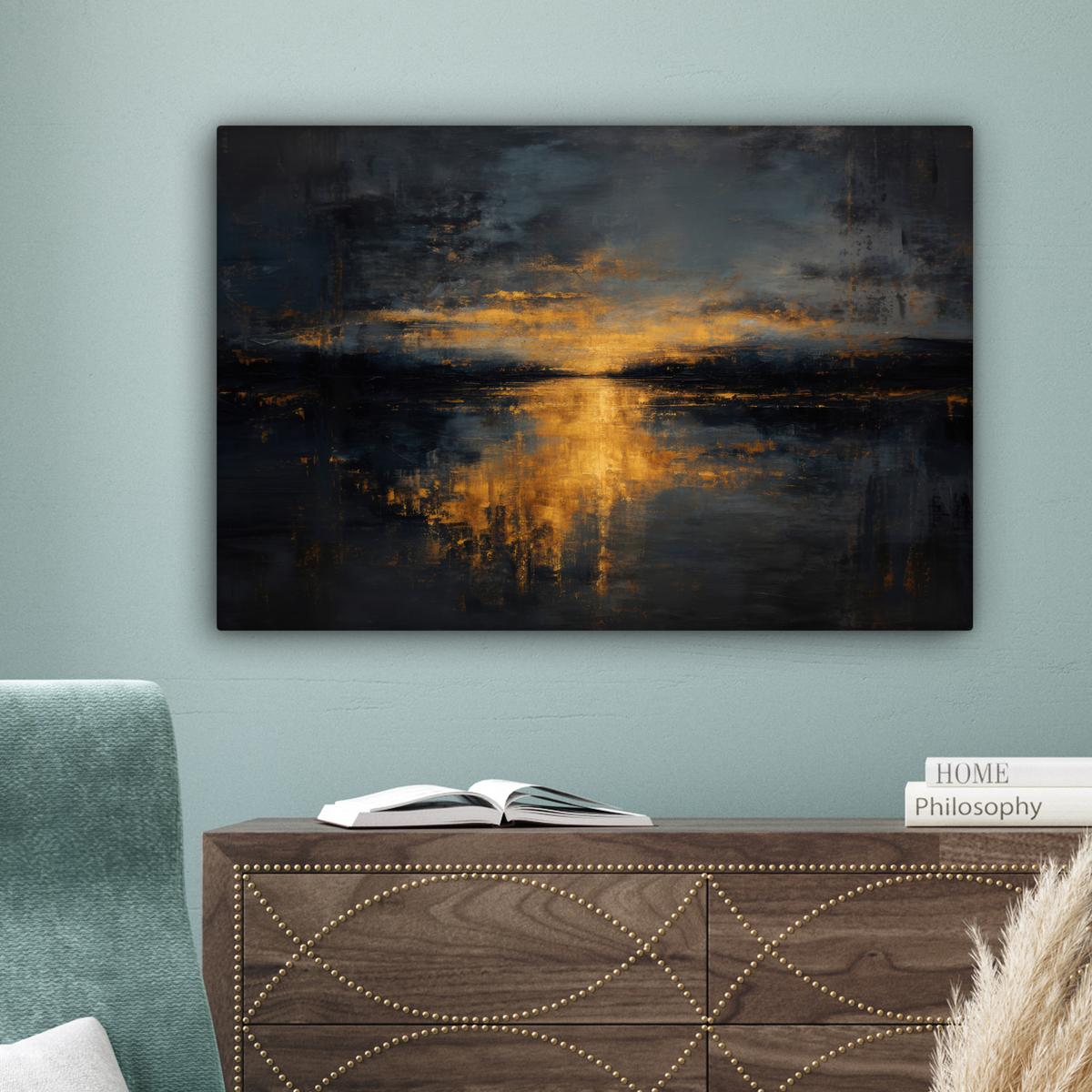 LEINWANDBILD Goldene Reflexion auf dem Wasser Gemälde 60x40 cm - Anthrazit, Textil (60/40cm) - MuchoWow