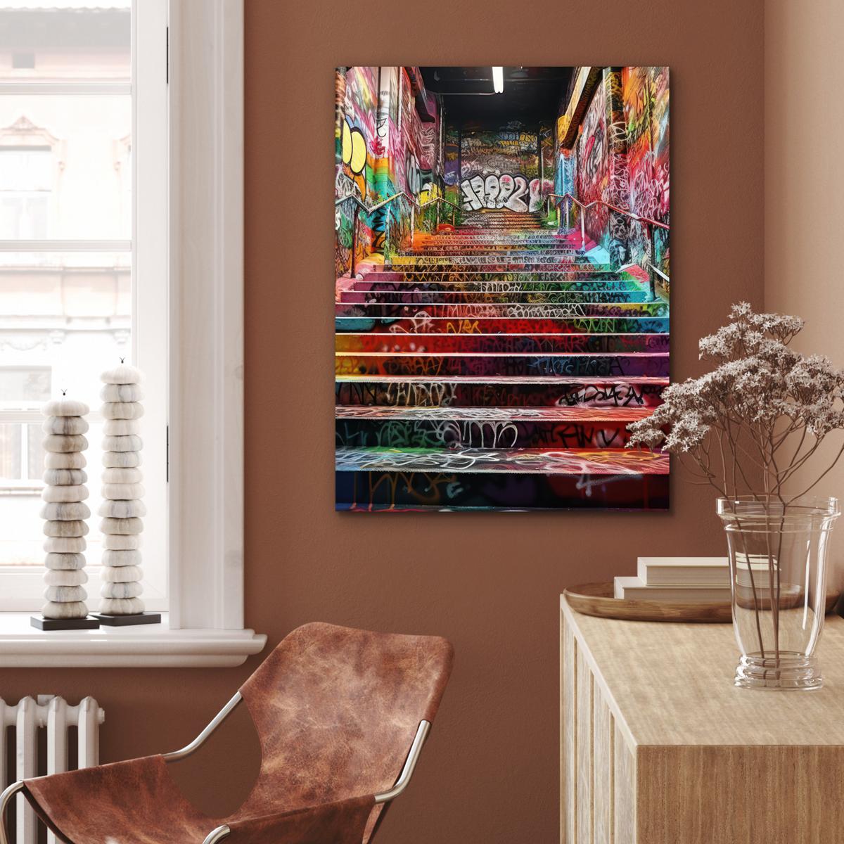 METALLBILD Treppe - Graffiti - Farben - Kunst 60x80 cm - Multicolor, Metall (60/80cm) - MuchoWow