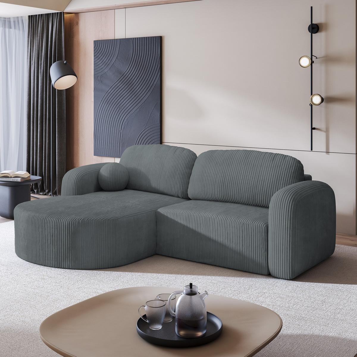 ECKSOFA AMILIA P L-S Grau Kordstoff mit Schlaffunktion - Grau, Holz (263/174cm) - MASSENO