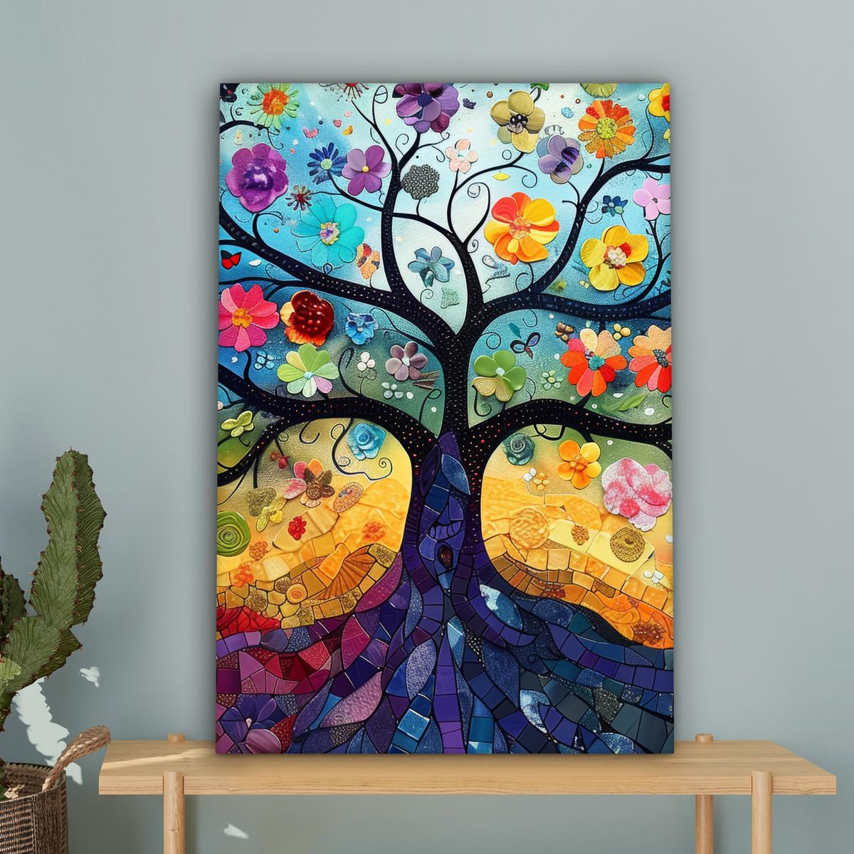 LEINWANDBILD Kunst - Baum des Lebens - Blumen - Hippie Wanddeko Schlafzimmer 60x90 cm - Dunkelblau, Textil (60/90cm) - MuchoWow