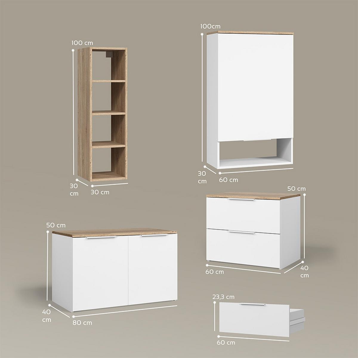 WOHNWAND Piave Weiß/Sonoma 5 Teile - Weiß/Sonoma Eiche, Holzwerkstoff (80/50/40cm) - Livinity®