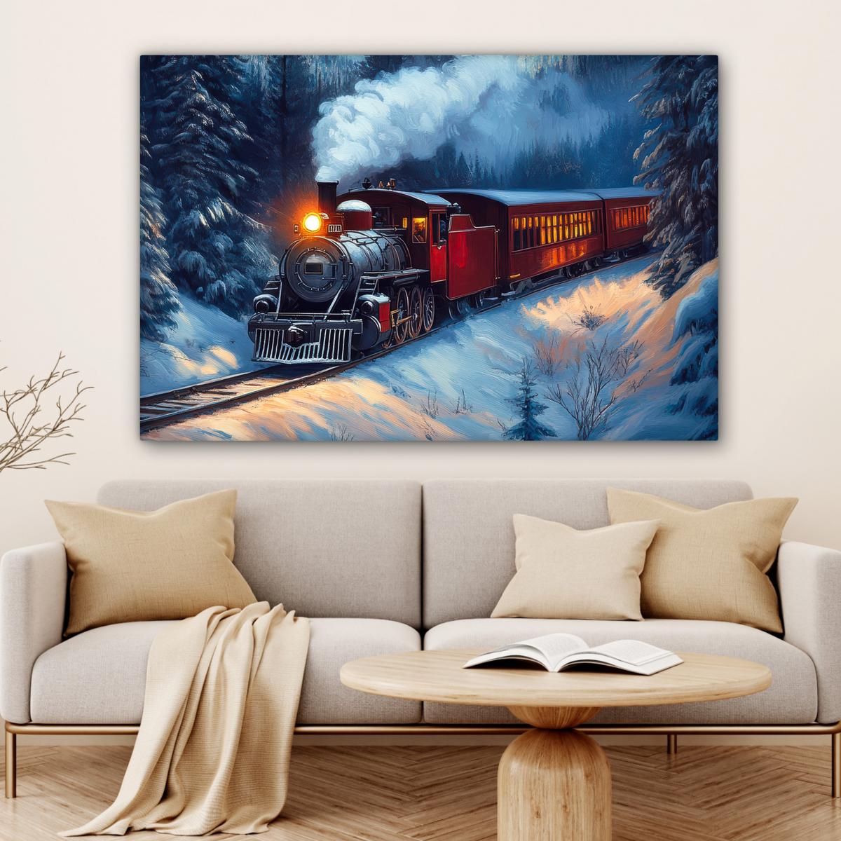 LEINWANDBILD Zug - Weihnachten - Schnee - Weihnachtszug XXL 150x100 cm - Anthrazit, Textil (150/100cm) - MuchoWow