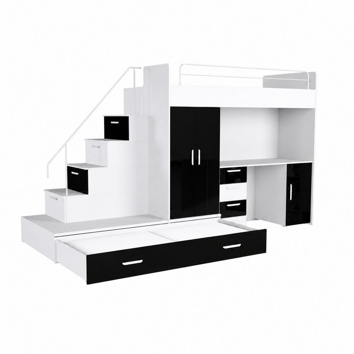 KINDERZIMMER Set RAJ 5, Hochglanz mit Hochbett, Schrank und Schreibtisch - Schwarz Hochglanz/Weiß, Holzwerkstoff (320/180/86cm) - Lookway