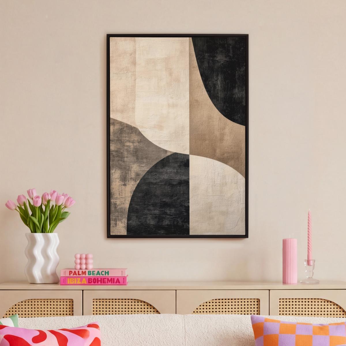LEINWAND Bilder mit Rahmen - Abstrakt - Flugzeuge - Schwarz - Rund - 60x90 - Beige, Textil (60/90cm) - MuchoWow