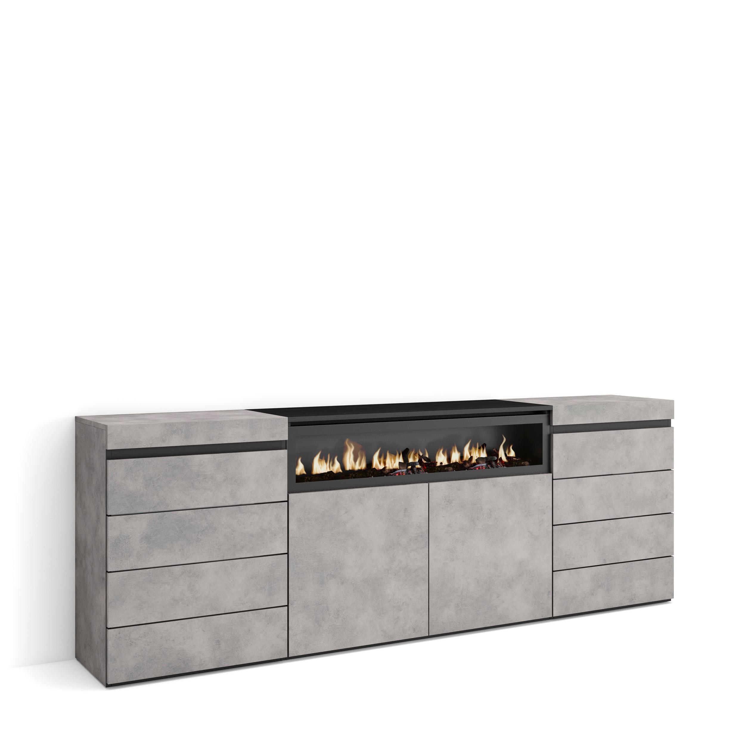 KOMMODE mit Schubladen, Elektrokamin, zementgrau, 214/35/75cm - Grau, Holzwerkstoff (214/75/35cm) - Skraut Home