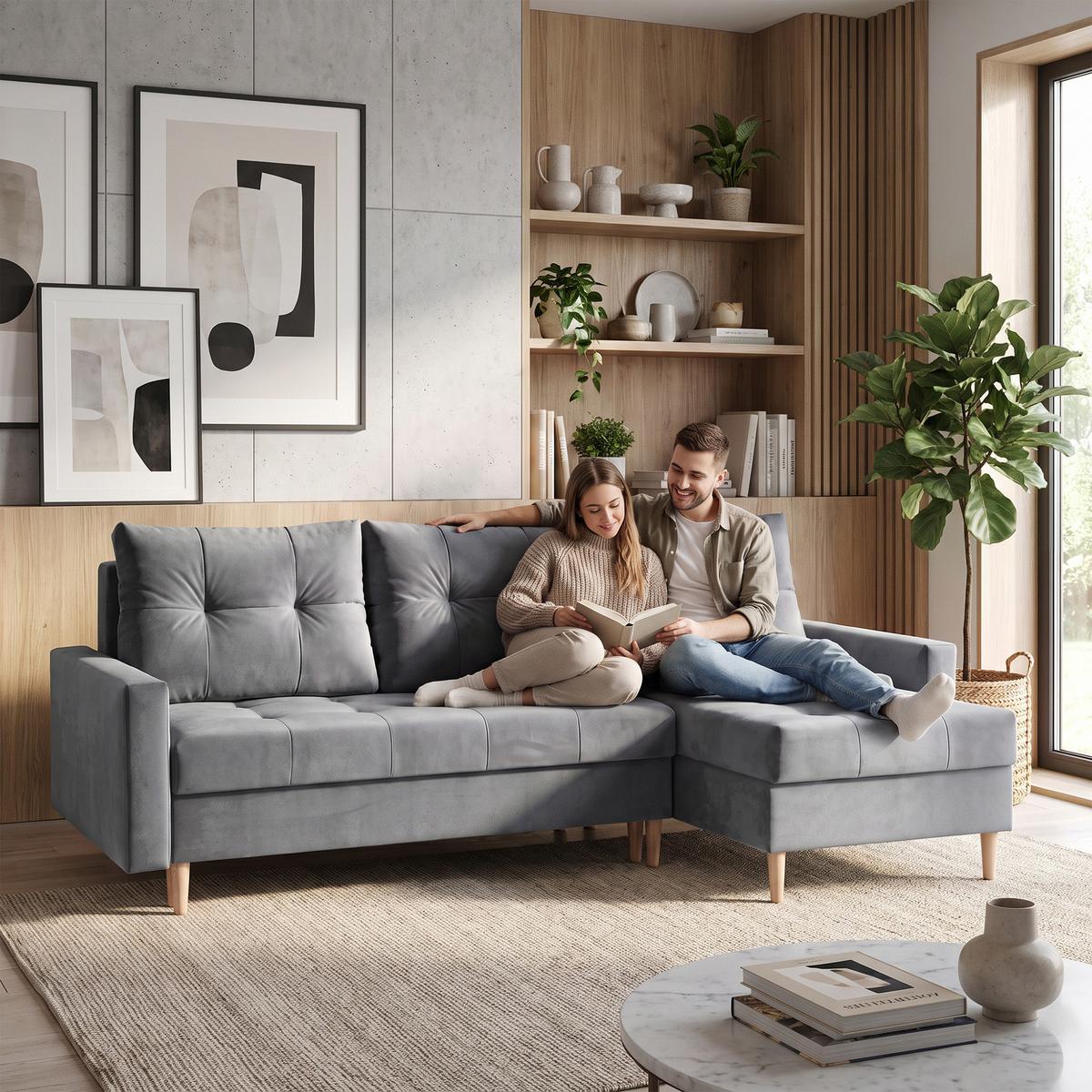 ECKSCHLAFSOFA Halant mit Bettkasten, universelle Ottomane, Veloursstoff, Hellgrau - Hellgrau, Textil (220/140cm) - Beautysofa