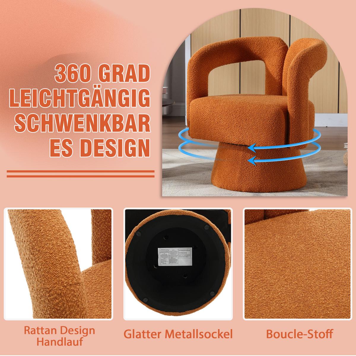 DREHSESSEL 360° Boucle Akzentstuhl Polstersessel für Wohnzimmer & Büro - Orange, Textil (67/74/55cm) - Urban Meuble