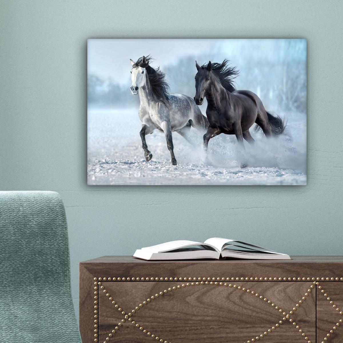 LEINWANDBILD Pferde - Winter - Tiere - Natur - Schnee Deko Schlafzimmer 30x20 cm - Anthrazit, Textil (30/20cm) - MuchoWow
