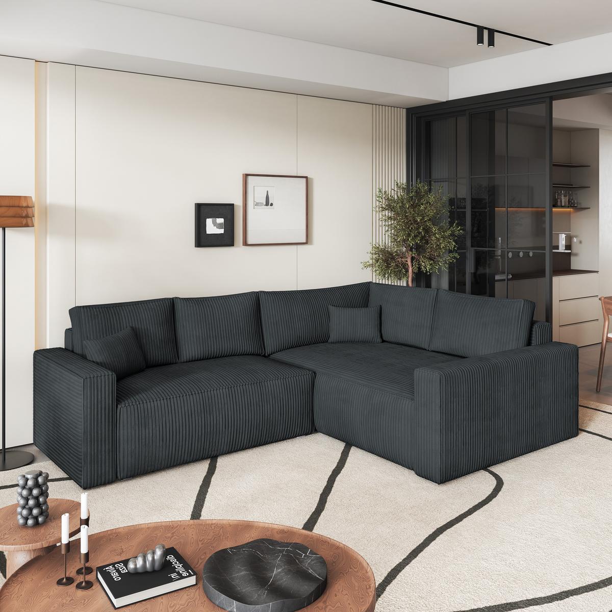 ECKSOFA ERONIS R-S Graphitfarben Kordstoff mit Schlaffunktion - Graphitfarben, Holz (265/194cm) - MASSENO