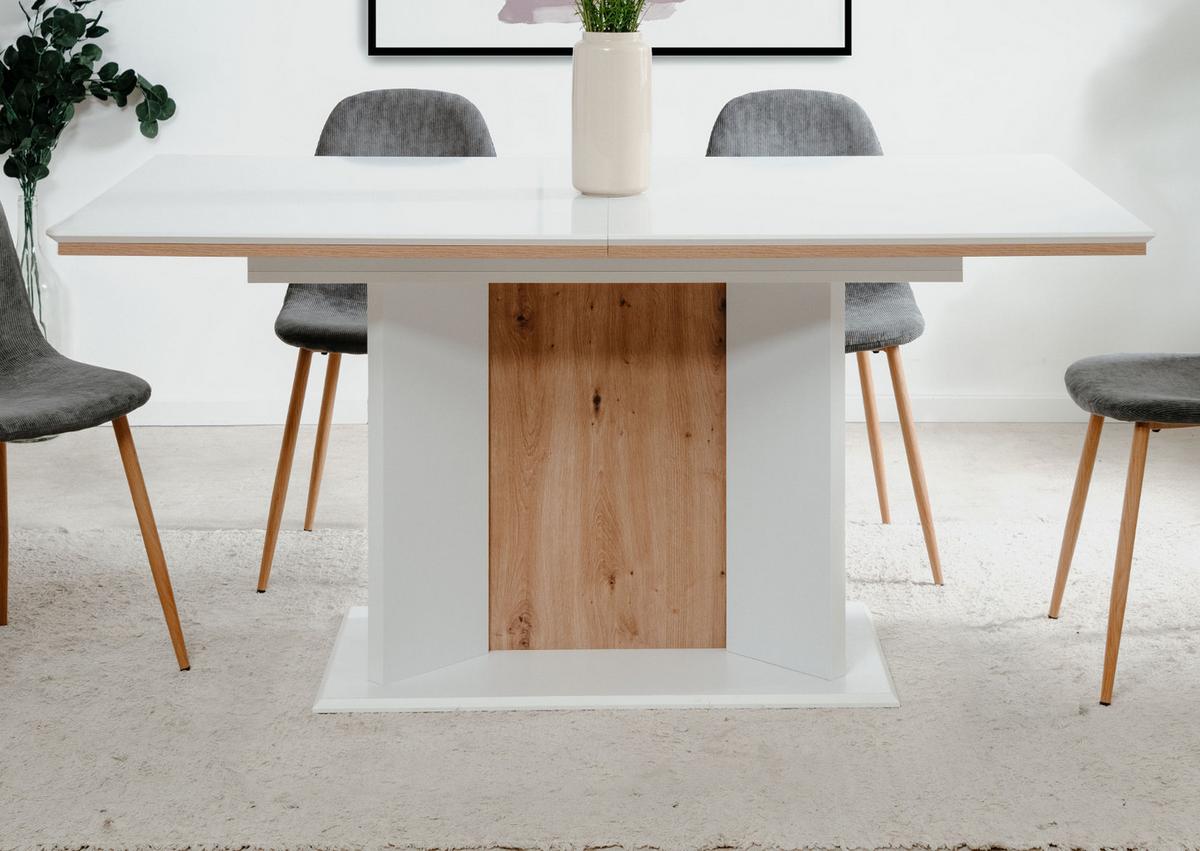 ESSTISCH weiß, Eiche Artisan, Säulentisch ausziehbar 160 - 200 x 90 cm - Weiß/Eiche Artisan, Holzwerkstoff (160/90/76cm) - Furn.Design