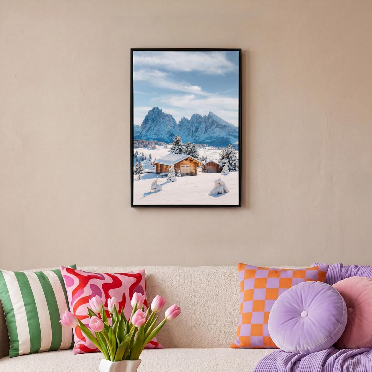 LEINWAND Bilder mit Rahmen - Winter - Hütte - Berge - Aussicht - Schnee - 40x60 - Eichefarben, Textil (40/60cm) - MuchoWow