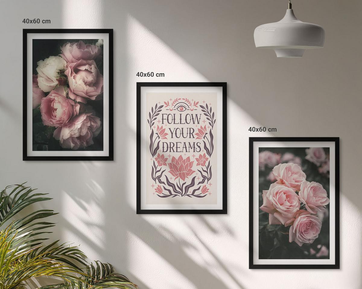 BILDER SET 3er Set - 40x60 cm Schwarzer Rahmen - Vintage-Rosenträume-Inschrift - Schwarz, Kunststoff (40/60cm) - TULUP